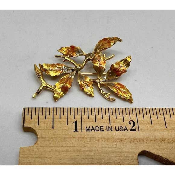 Vintage Brooch Gold Tone Orange Fall Leaves Branch Pin Estate Jewelry Dainty - Picture 5 of 6